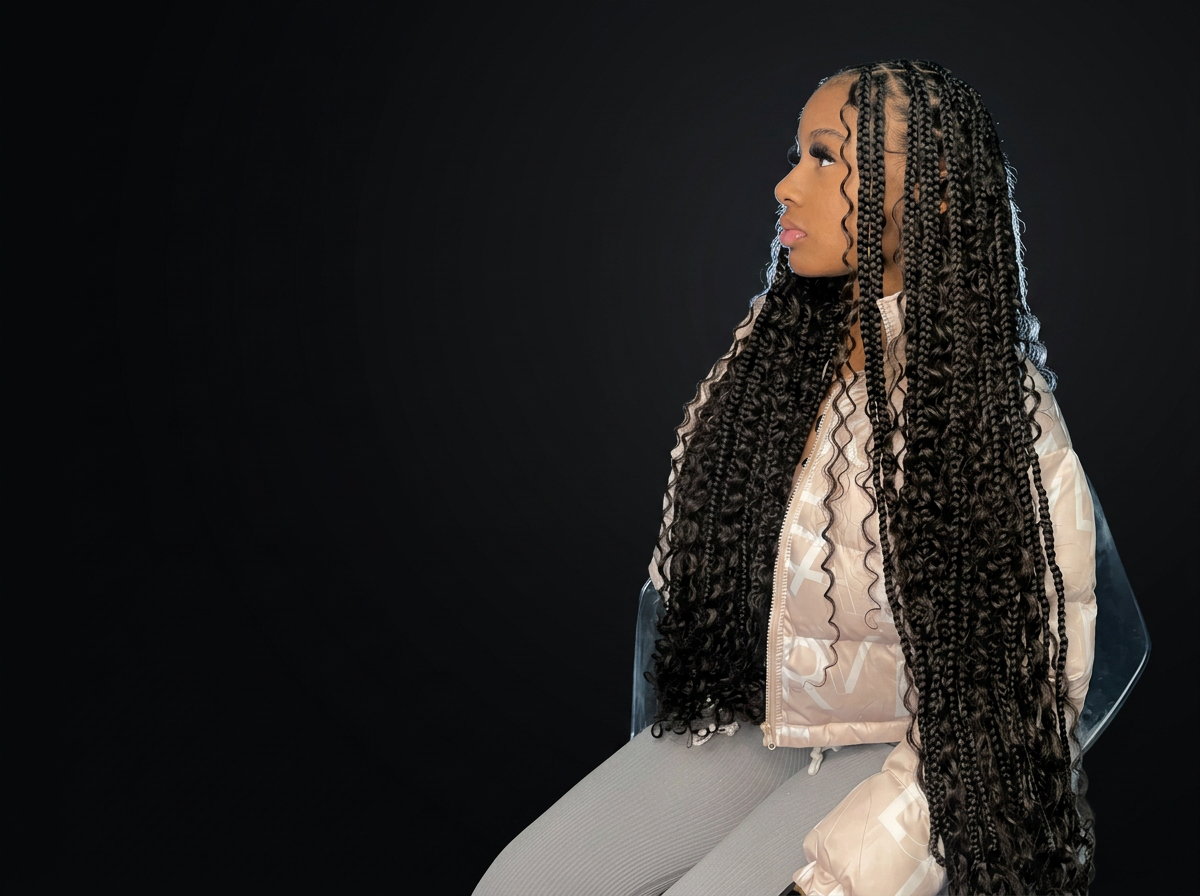 Client with long knotless braids styled at Rozii Hair Braiding